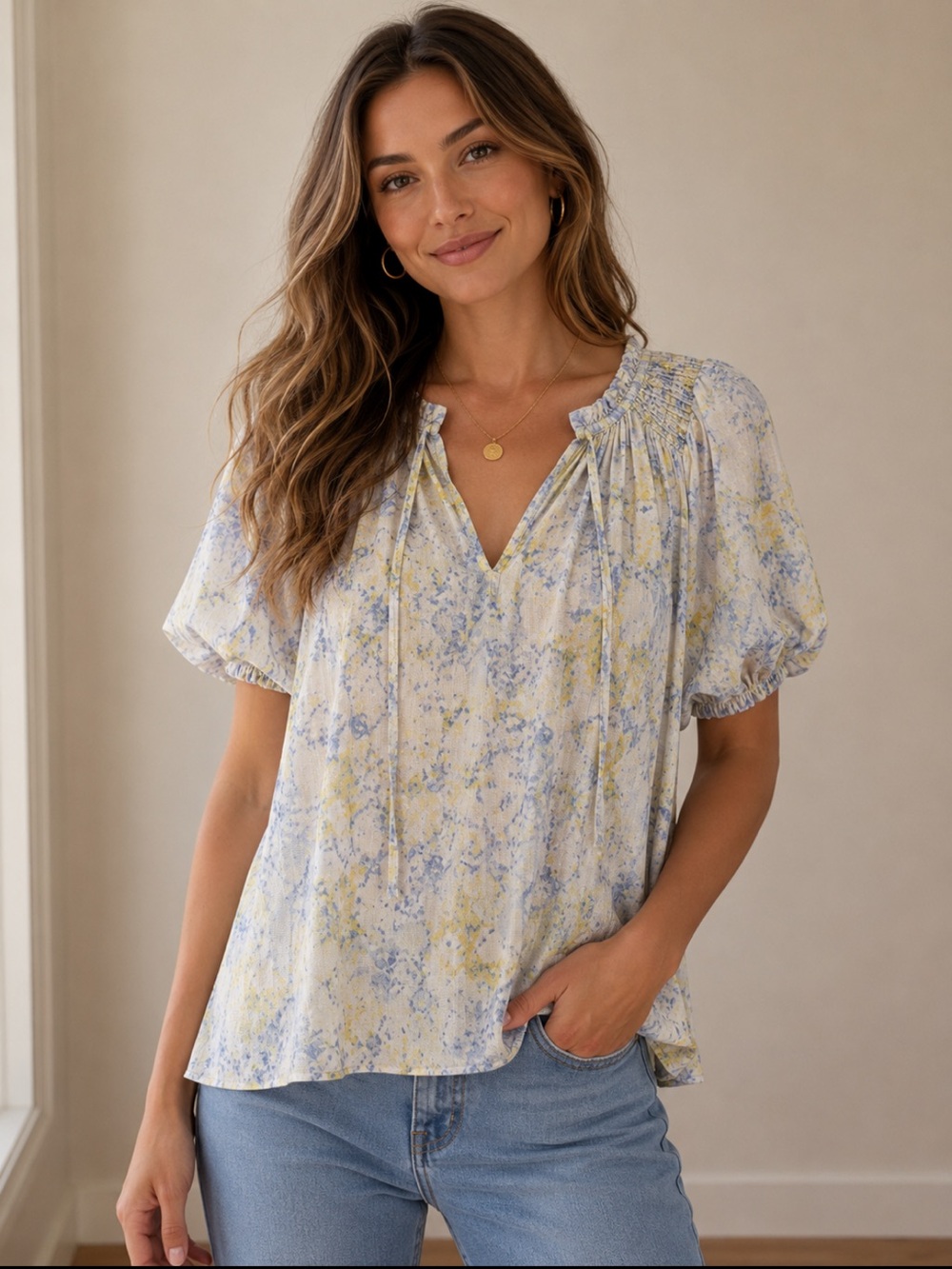 Current Air White Floral Blouse with Blue and Yellow Accents